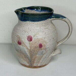 Russell Wood Speckled Ceramic Pitcher With Hand-Painted Floral Design & Blue Rim